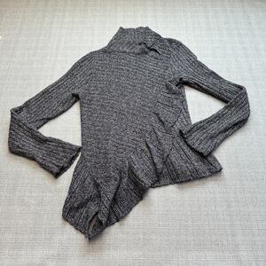 Whimsical Knitted & Knotted Gray Ruffle Wool Blend Sweater XS Asymmetrical‎ Hem